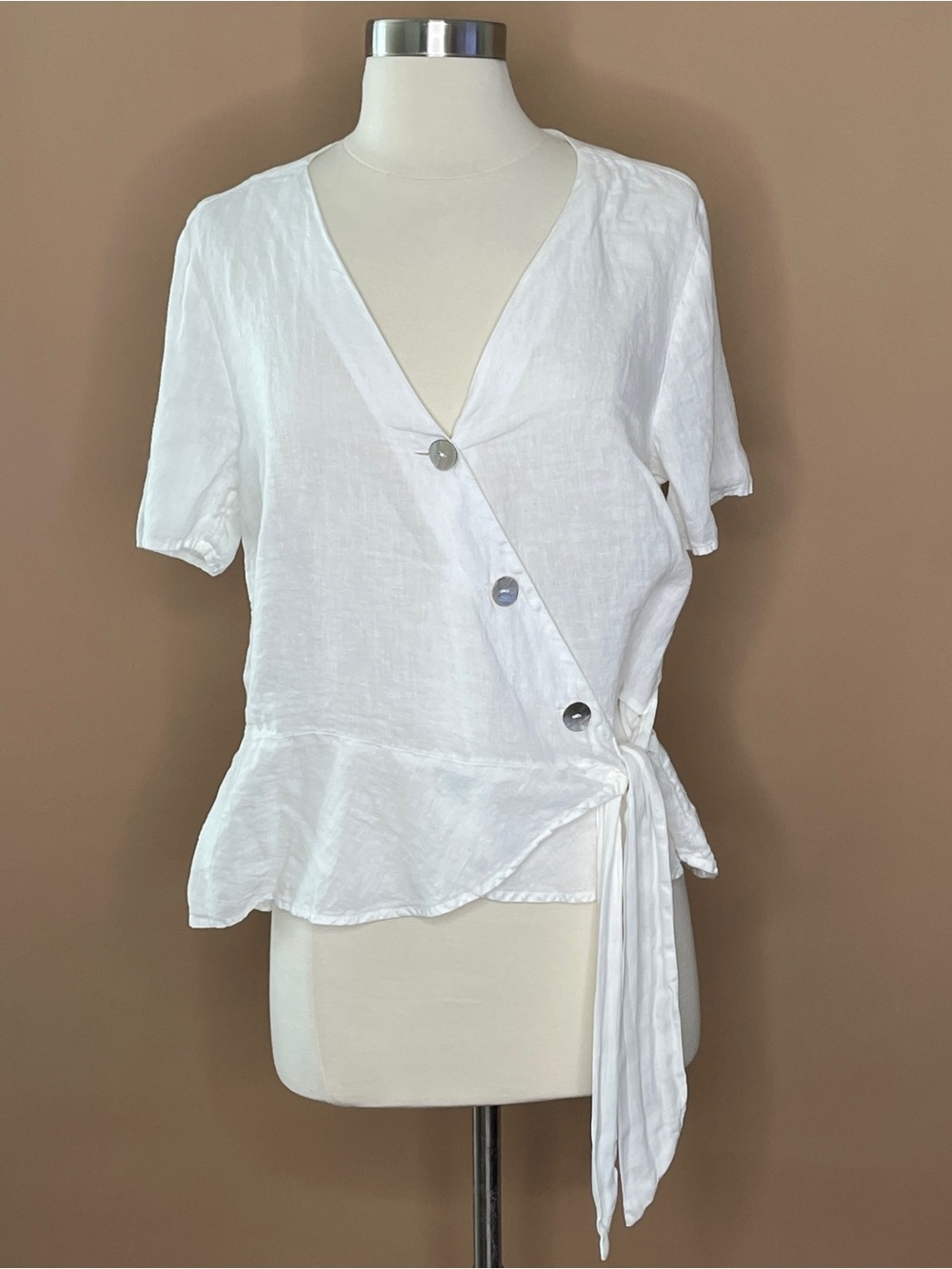 H&M Linen Wrap Blouse White Peplum Tie Front Top Medium